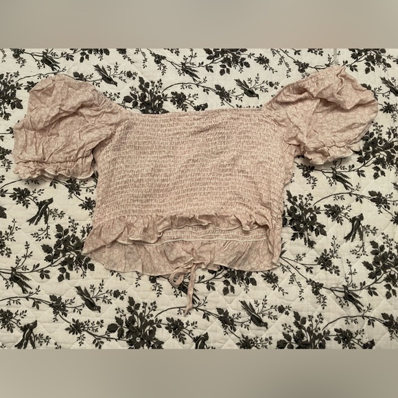 BlueBlush Smocked Crop Pink Floral Puffy Sleeve Blouse Large - Picture 2 of 5